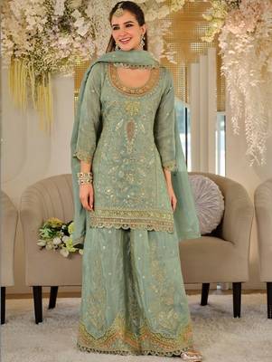 Women Ethnic Motifs Embroidered Regular Mirror Work Kurta with Sharara & With Dupatta 1