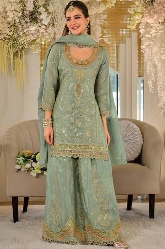 Women Ethnic Motifs Embroidered Mirror Work Kurta with Sharara & With Dupatta