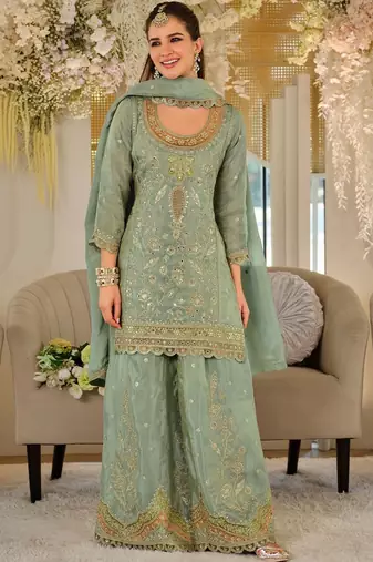 Women Ethnic Motifs Embroidered Regular Mirror Work Kurta with Sharara & With Dupatta