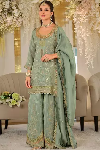 Women Ethnic Motifs Embroidered Regular Mirror Work Kurta with Sharara & With Dupatta