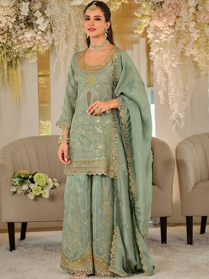 Women Ethnic Motifs Embroidered Regular Mirror Work Kurta with Sharara & With Dupatta