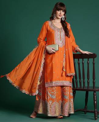 Paisley Embroidered Sequinned Kurta with Palazzos & With Dupatta 1