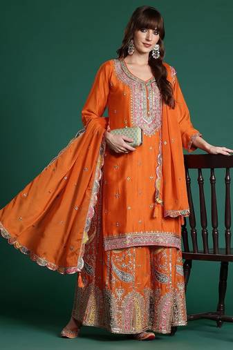 Paisley Embroidered Sequinned Kurta with Palazzos & With Dupatta