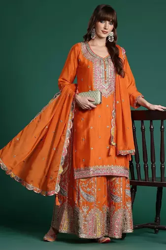 Paisley Embroidered Sequinned Kurta with Palazzos & With Dupatta
