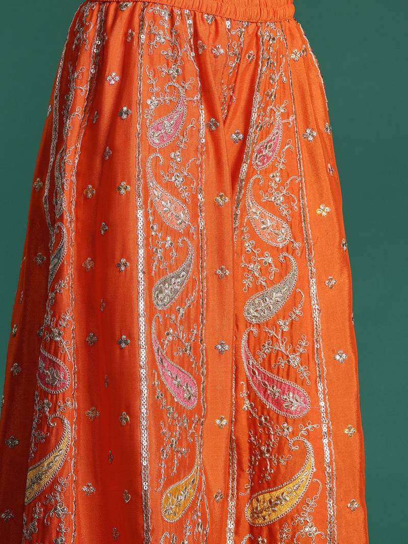Paisley Embroidered Sequinned Kurta with Palazzos & With Dupatta