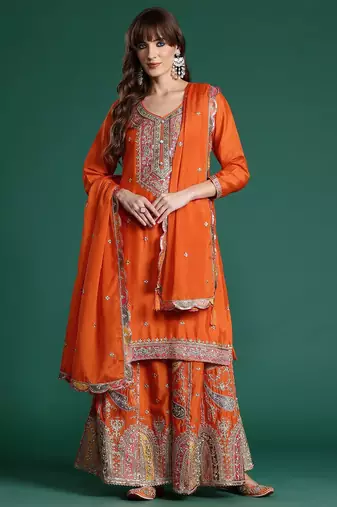 Paisley Embroidered Sequinned Kurta with Palazzos & With Dupatta
