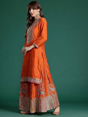 Paisley Embroidered Sequinned Kurta with Palazzos & With Dupatta 6