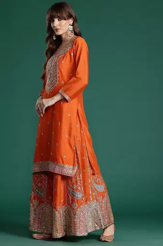 Paisley Embroidered Sequinned Kurta with Palazzos & With Dupatta