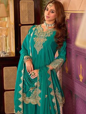 Floral Embroidered Sequinned Chinon A-Line Kurta With Palazzos & Dupatta 1