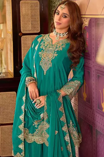 Floral Embroidered Sequinned Chinon A-Line Kurta With Palazzos & Dupatta