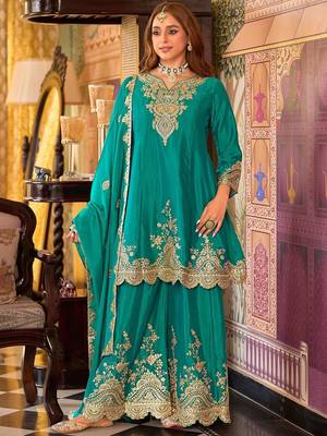 Floral Embroidered Sequinned Chinon A-Line Kurta With Palazzos & Dupatta 2