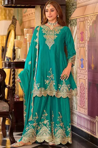 Floral Embroidered Sequinned Chinon A-Line Kurta With Palazzos & Dupatta