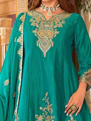 Floral Embroidered Sequinned Chinon A-Line Kurta With Palazzos & Dupatta 3