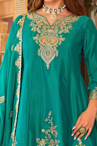 Floral Embroidered Sequinned Chinon A-Line Kurta With Palazzos & Dupatta