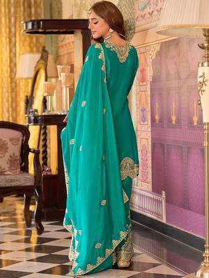 Floral Embroidered Sequinned Chinon A-Line Kurta With Palazzos & Dupatta 4