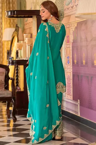Floral Embroidered Sequinned Chinon A-Line Kurta With Palazzos & Dupatta