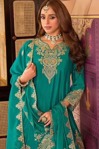 Floral Embroidered Sequinned Chinon A-Line Kurta With Palazzos & Dupatta