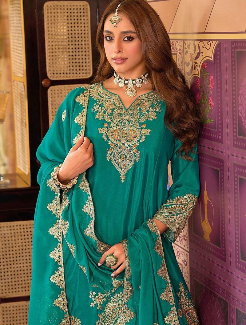 Floral Embroidered Sequinned Chinon A-Line Kurta With Palazzos & Dupatta