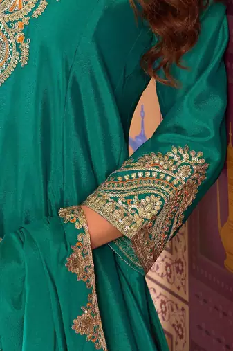 Floral Embroidered Sequinned Chinon A-Line Kurta With Palazzos & Dupatta