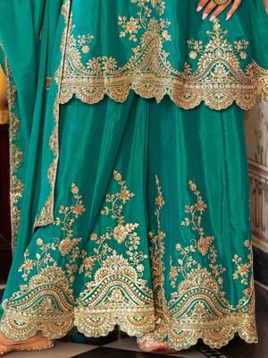 Floral Embroidered Sequinned Chinon A-Line Kurta With Palazzos & Dupatta 7