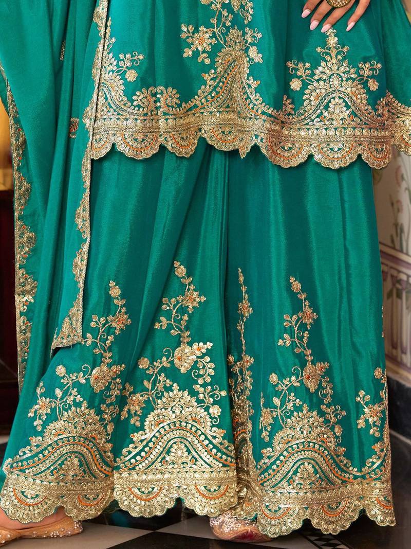 Floral Embroidered Sequinned Chinon A-Line Kurta With Palazzos & Dupatta