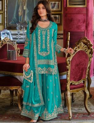 Women Ethnic Motifs Embroidered Regular Thread Work Kurta with Sharara & With Dupatta 1