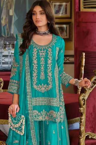 Women Ethnic Motifs Embroidered Regular Thread Work Kurta with Sharara & With Dupatta