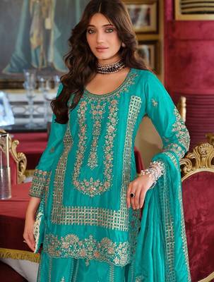 Women Ethnic Motifs Embroidered Regular Thread Work Kurta with Sharara & With Dupatta 5