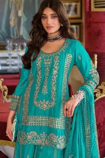Women Ethnic Motifs Embroidered Regular Thread Work Kurta with Sharara & With Dupatta