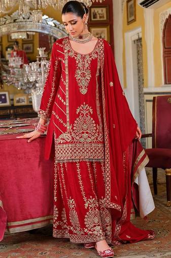 Women Ethnic Motifs Embroidered Kurta with Sharara & With Dupatta