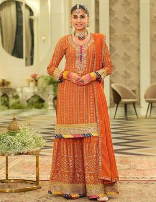 Ethnic Motifs Embroidered Sequinned Straight Kurta & Sharara With Dupatta 1