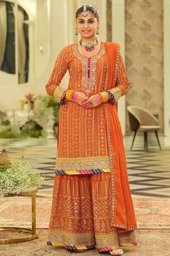 Ethnic Motifs Embroidered Sequinned Straight Kurta & Sharara With Dupatta