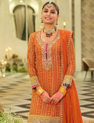 Ethnic Motifs Embroidered Sequinned Straight Kurta & Sharara With Dupatta 2