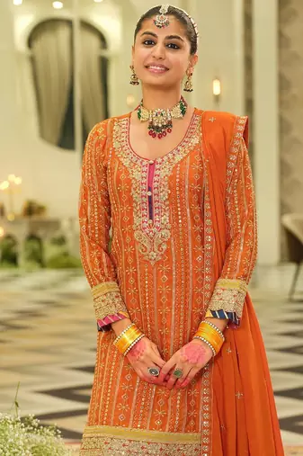 Ethnic Motifs Embroidered Sequinned Straight Kurta & Sharara With Dupatta