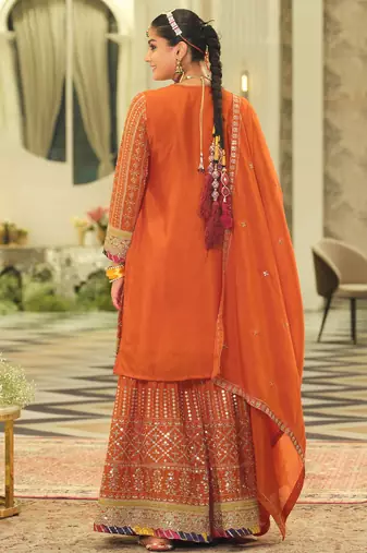 Ethnic Motifs Embroidered Sequinned Straight Kurta & Sharara With Dupatta