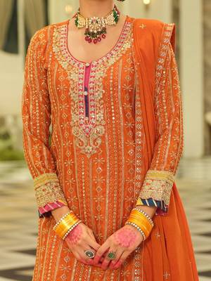 Ethnic Motifs Embroidered Sequinned Straight Kurta & Sharara With Dupatta 4