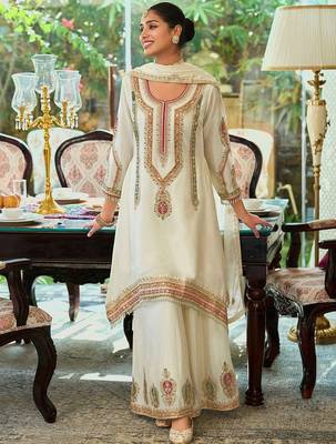Floral Embroidered Sequinned Chinon A-Line Kurta With Palazzos & Dupatta 1
