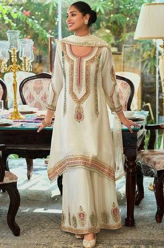 Floral Embroidered Sequinned Chinon A-Line Kurta With Palazzos & Dupatta