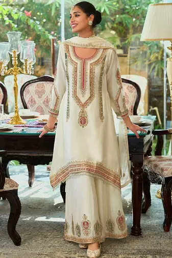Floral Embroidered Sequinned Chinon A-Line Kurta With Palazzos & Dupatta