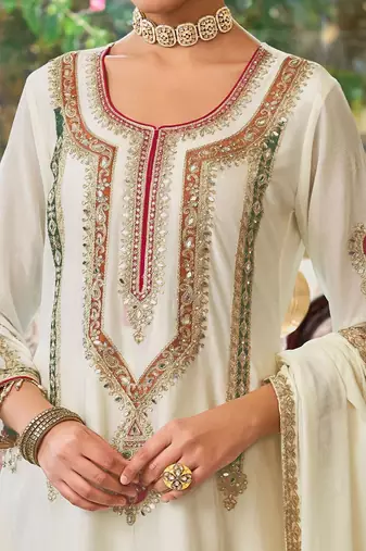 Floral Embroidered Sequinned Chinon A-Line Kurta With Palazzos & Dupatta