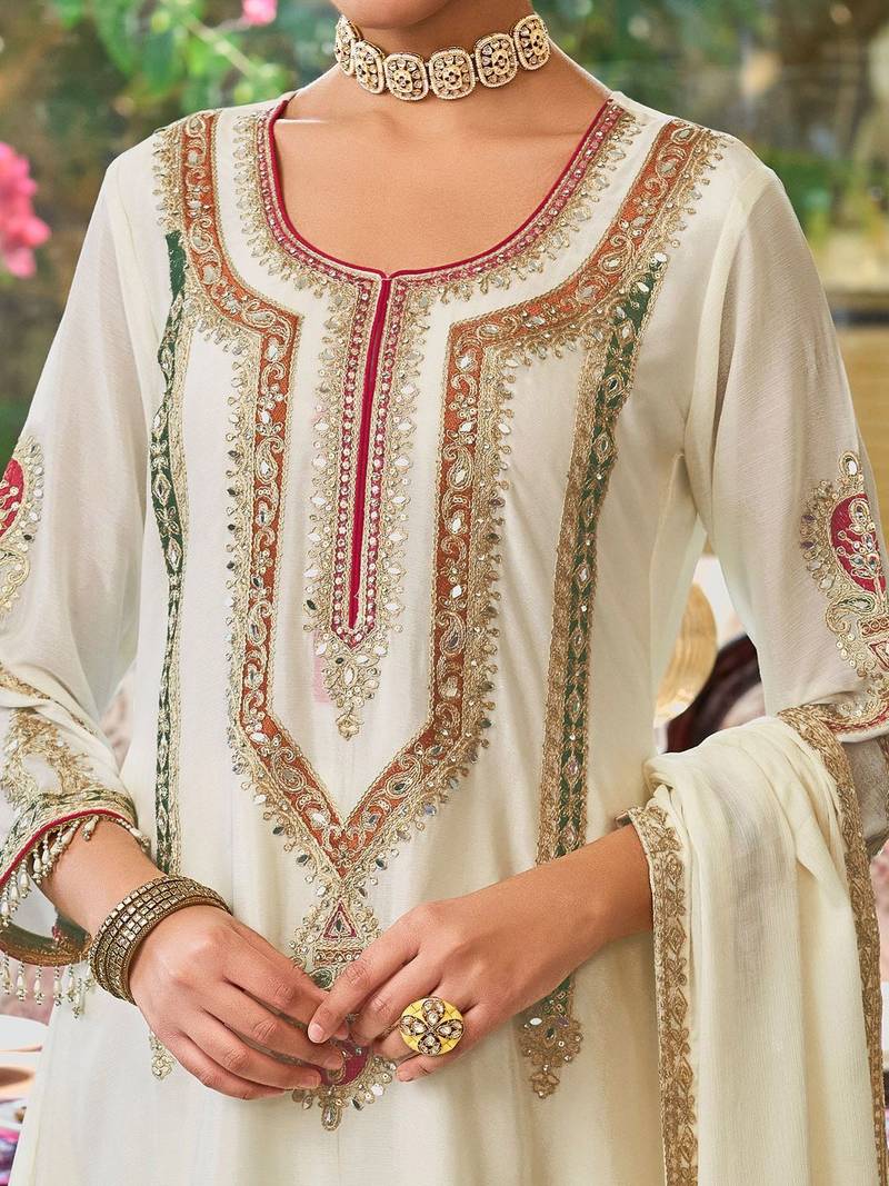 Floral Embroidered Sequinned Chinon A-Line Kurta With Palazzos & Dupatta