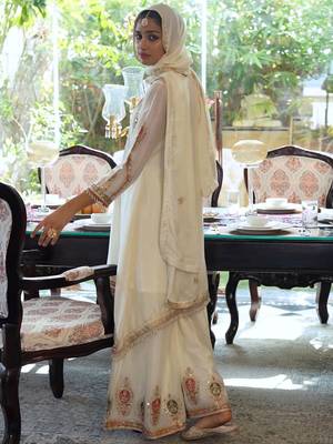 Floral Embroidered Sequinned Chinon A-Line Kurta With Palazzos & Dupatta 3