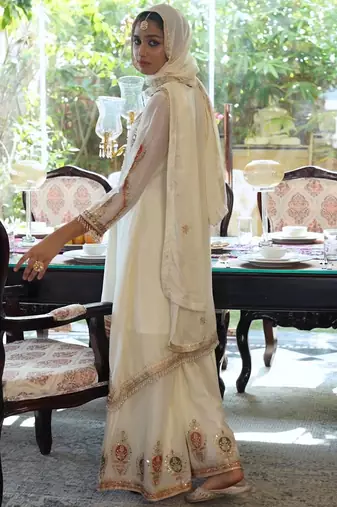 Floral Embroidered Sequinned Chinon A-Line Kurta With Palazzos & Dupatta