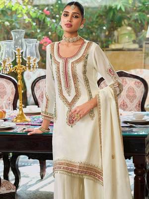 Floral Embroidered Sequinned Chinon A-Line Kurta With Palazzos & Dupatta 4