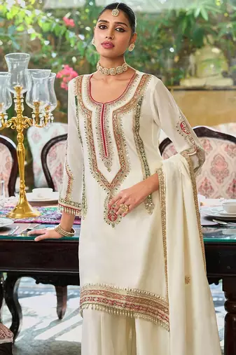 Floral Embroidered Sequinned Chinon A-Line Kurta With Palazzos & Dupatta