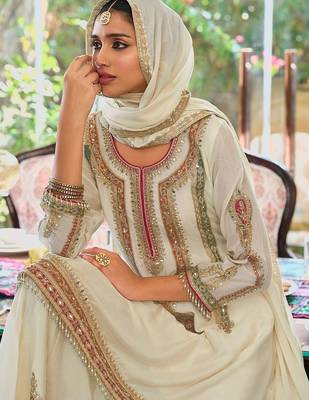 Floral Embroidered Sequinned Chinon A-Line Kurta With Palazzos & Dupatta 5