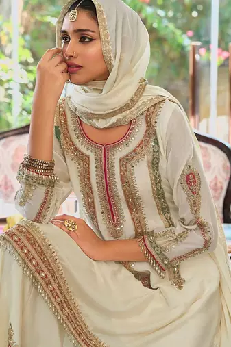 Floral Embroidered Sequinned Chinon A-Line Kurta With Palazzos & Dupatta