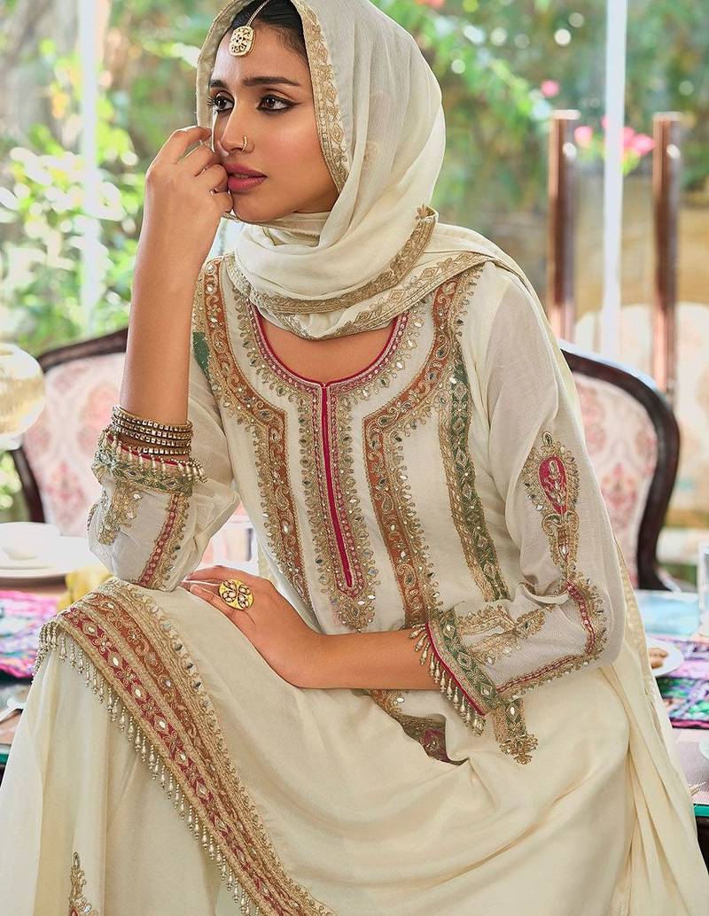 Floral Embroidered Sequinned Chinon A-Line Kurta With Palazzos & Dupatta