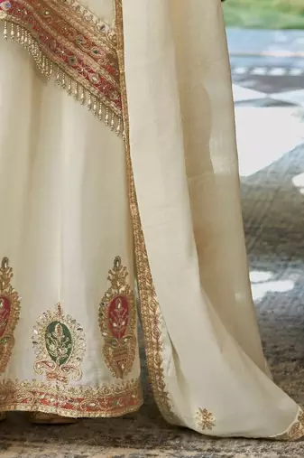 Floral Embroidered Sequinned Chinon A-Line Kurta With Palazzos & Dupatta