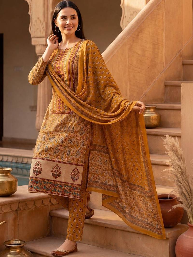 Women Ethnic Motifs Printed Regular Pure Cotton Kurta with Trousers & With Dupatta